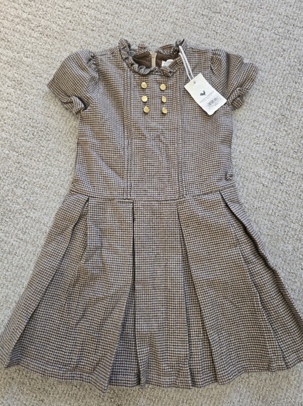 Hope & Henry Girls Brown Houndstooth Pleated Dress with Gold Buttons